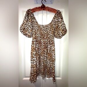 Faithfull the Brand Leopard Print Smocked Puff Sleeve Mini Dress. Size 2. EUC